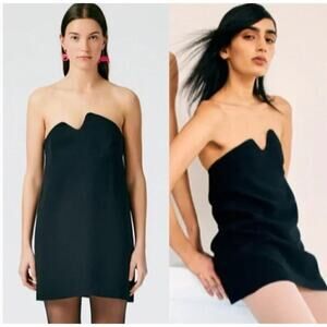 Tibi Squiggly Dress Fluid Drape Strapless Asymmetrical Neck Shift Mini Black 2